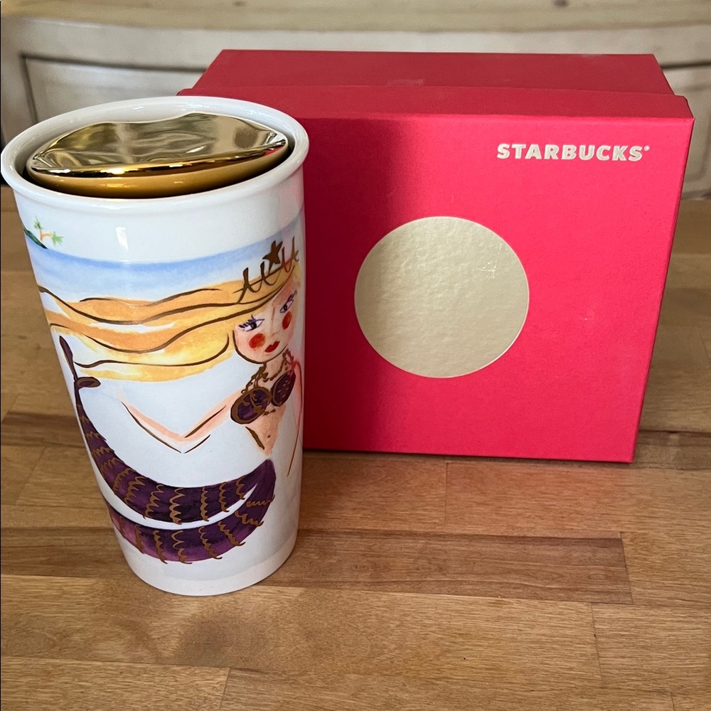 Starbucks White Ceramic Tumbler with Gold Lid and Colorful Mermaid Art